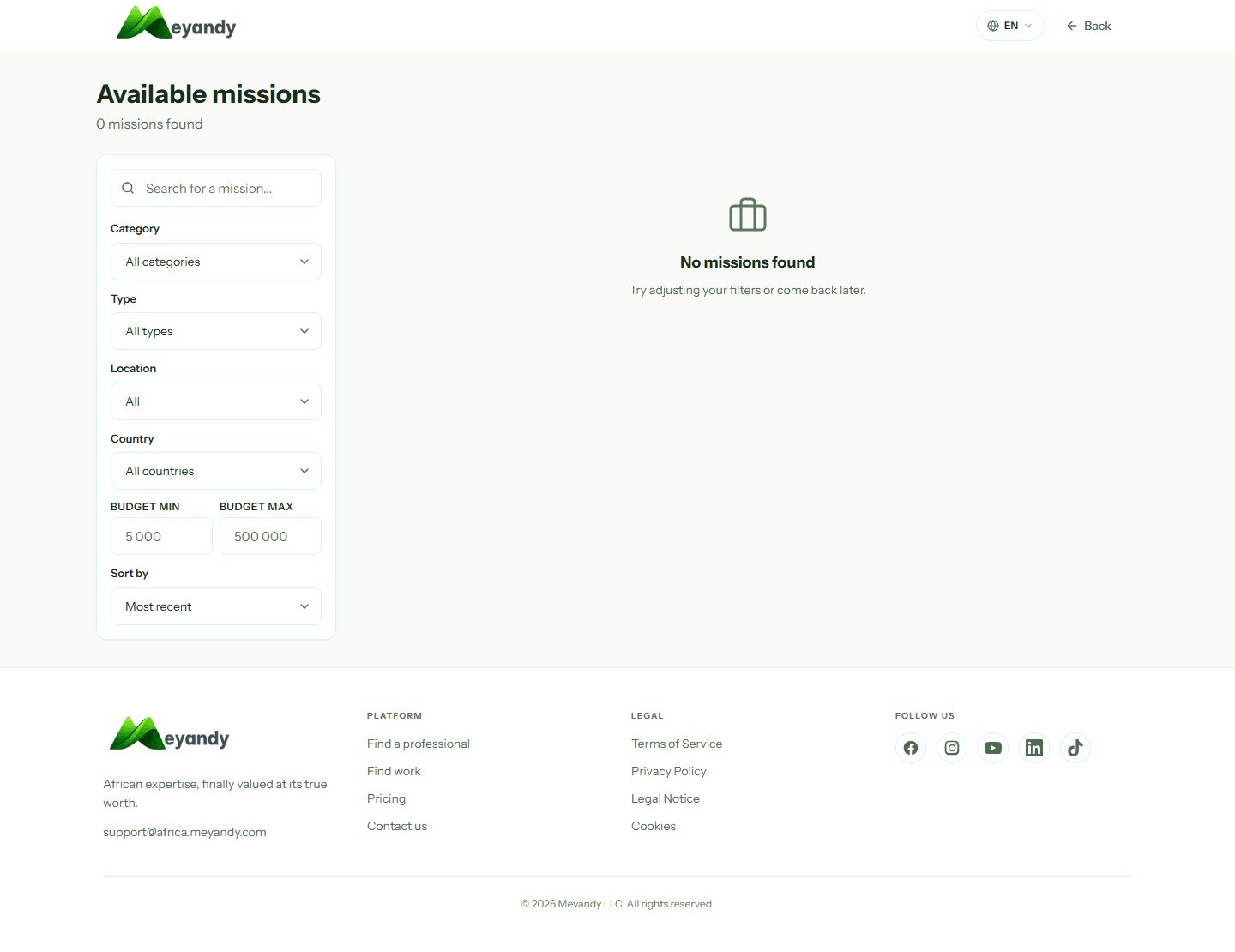Mission list with filters