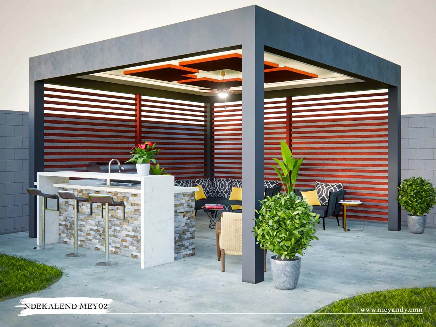 NDEKALEND-MEY02 transforme votre jardin en espace de réception : pergola contemporaine, cuisine extérieure et coin lounge. Téléchargez le plan gratuitement sur ArchiDesign et valorisez votre maison. #amenagement #exterieur #Afrique