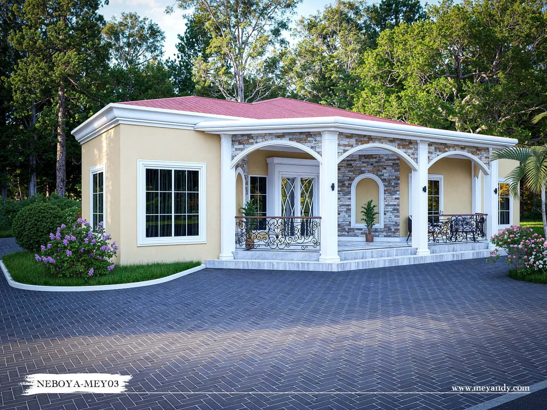 NEBOYA-MEY03 : une villa de plain-pied élégante, 4 chambres, vérandas couvertes et suite parentale. Idéale pour une résidence familiale en Afrique. Le plan complet est gratuit sur ArchiDesign. #architecture #villa #plainpied