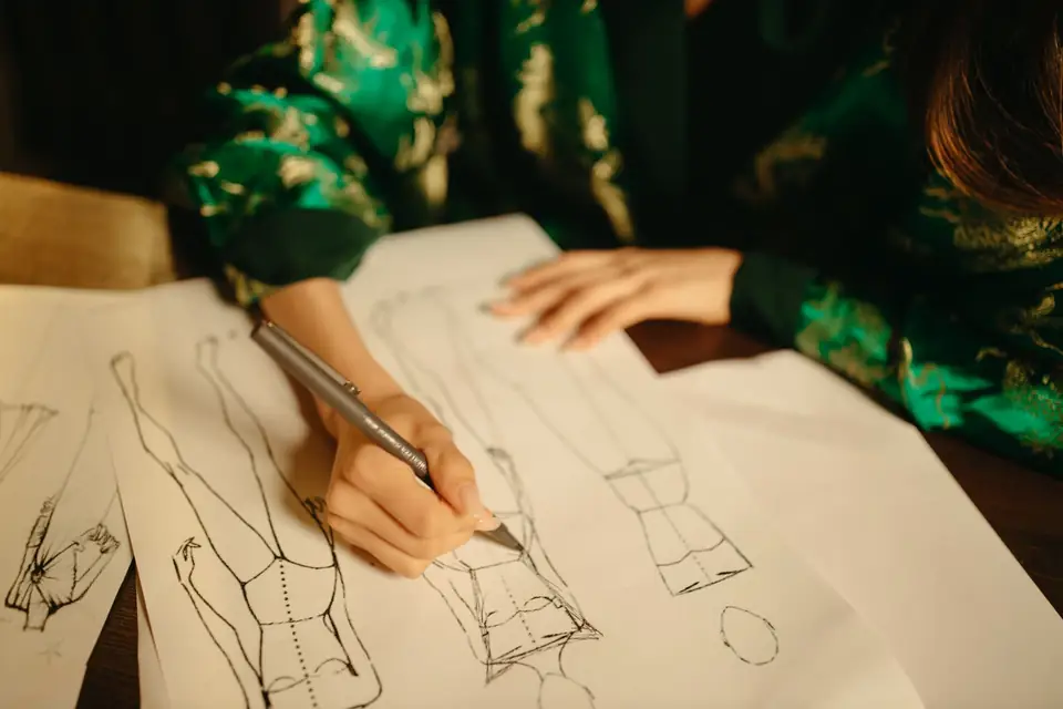 Designer sketching garments in her studio.