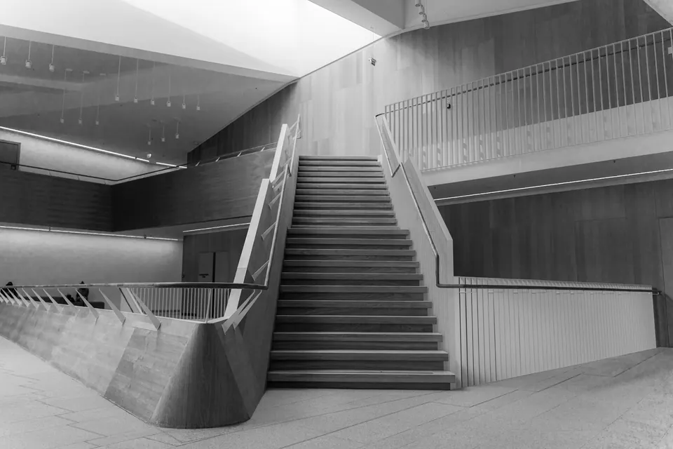 Large wooden staircase in an atrium lit from above, black and white.