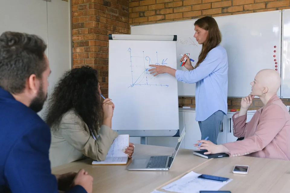 Facilitator at a flip chart in front of a small team gathered around a table.