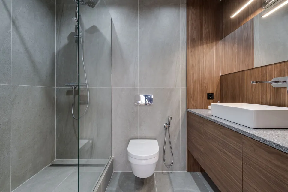 Renovated bathroom: glass shower, grey tiles, wall-hung toilet and wooden vanity unit.