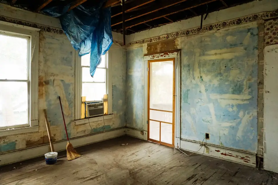 Empty room before works: peeling walls, worn floor and tools on the ground.