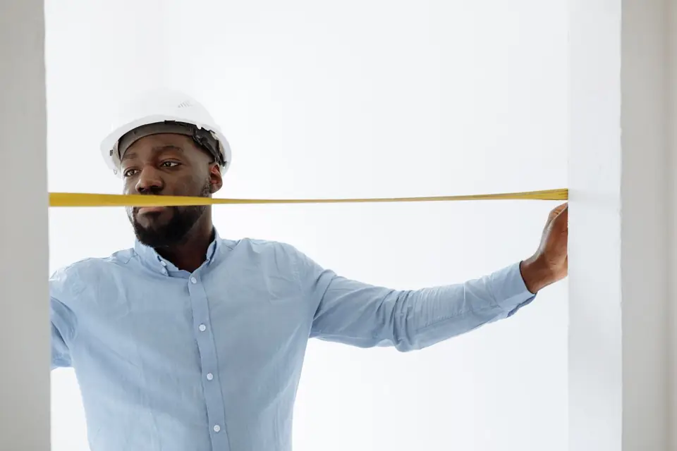 Worker in a hard hat measuring a wall with a tape measure.