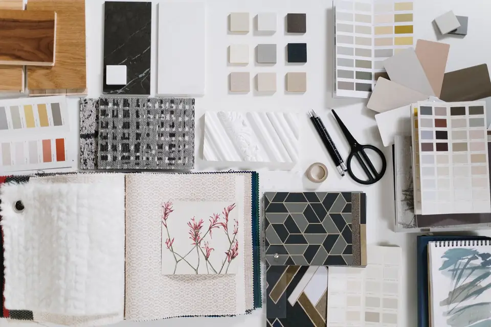 Material, colour and textile samples gathered for a project.