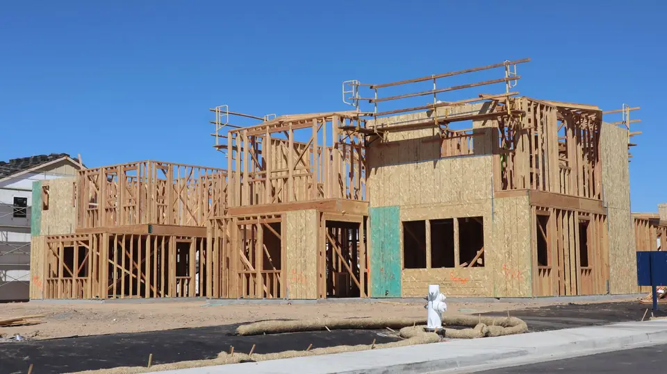 Timber frame of a house under construction.