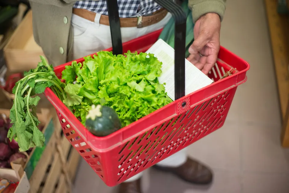 Shopper holding a red basket filled with lettuce and vegetables.