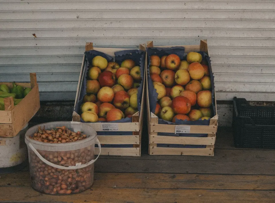 Crates of apples and a bucket of small onions in front of a shop.