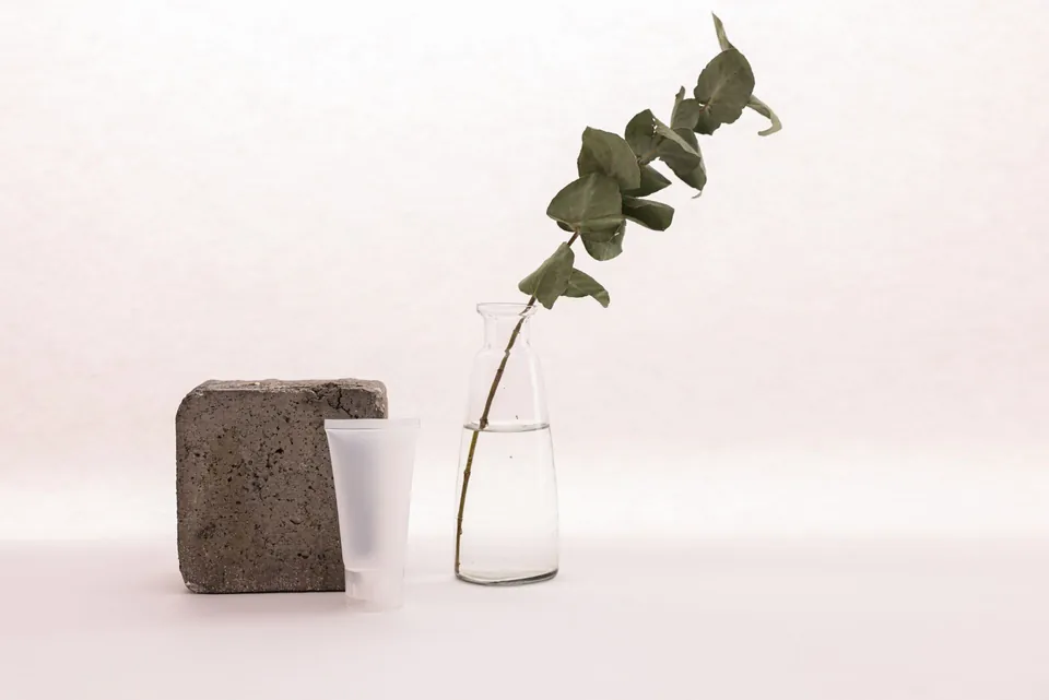 Minimal still life: stone, frosted glass and a eucalyptus branch in a carafe.