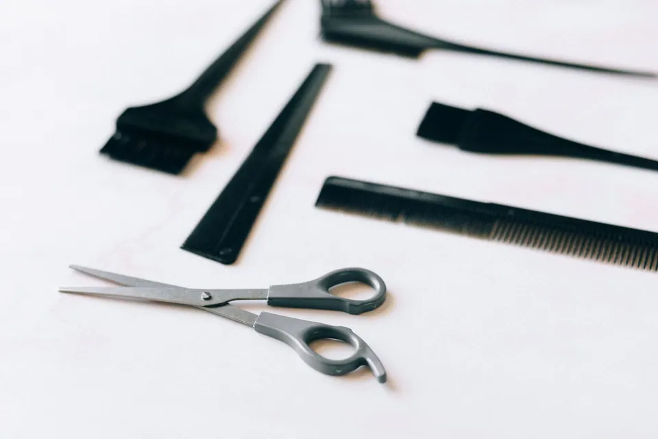 Ciseaux et peignes de coiffure disposés avec précision.