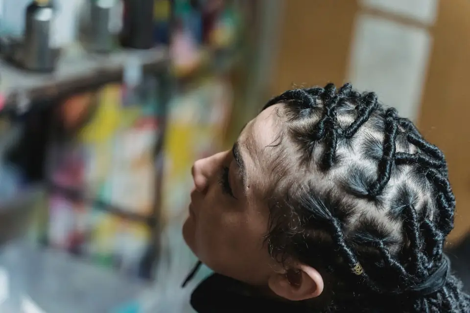 Close-up of a twisted braided hairstyle.