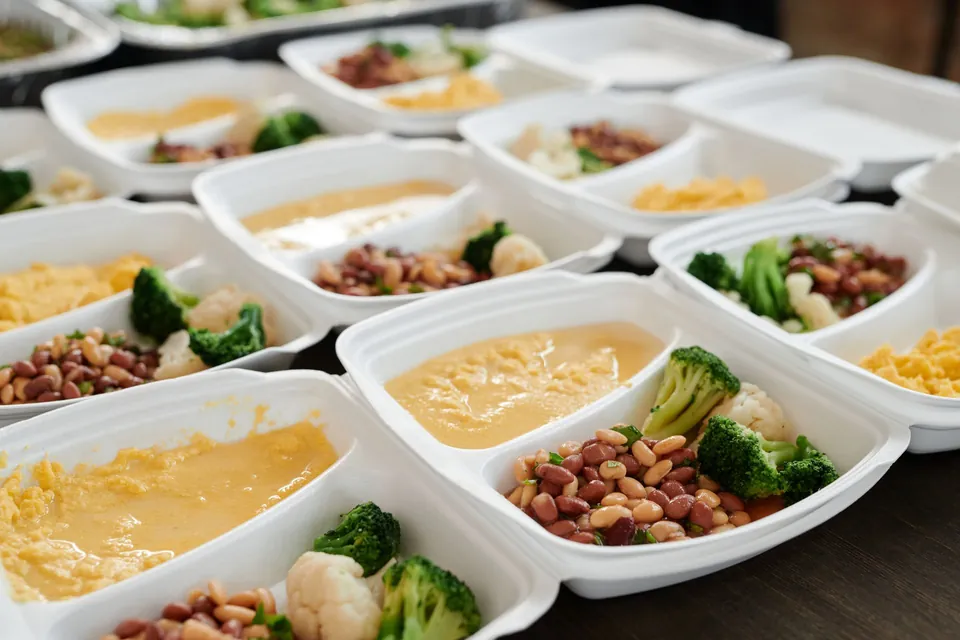 Rows of meal trays with mash, beans and broccoli, ready to be closed.
