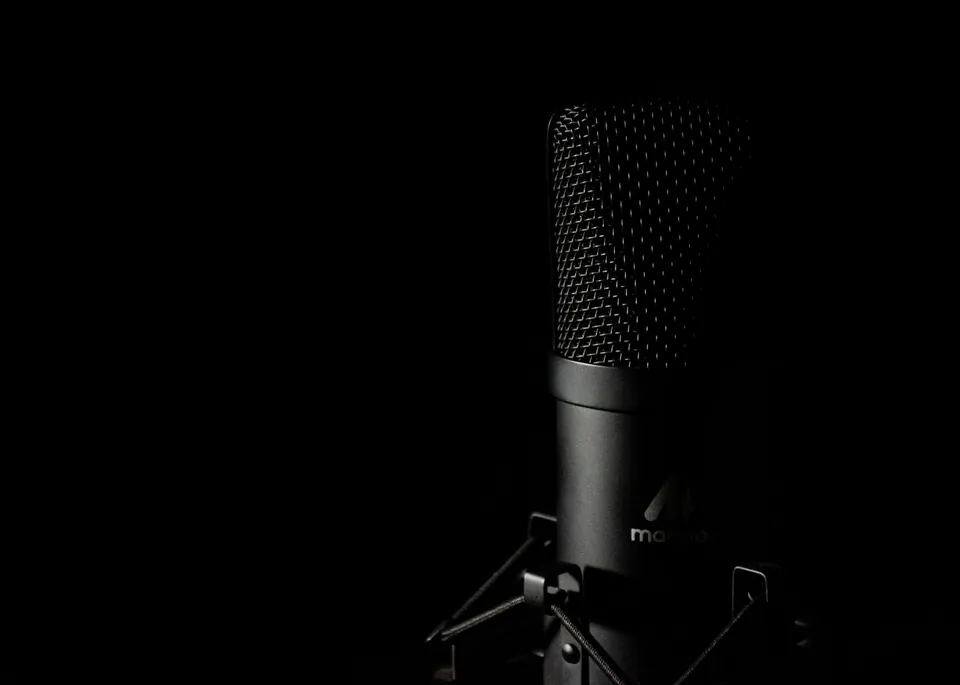Studio microphone on its stand, in the dark.