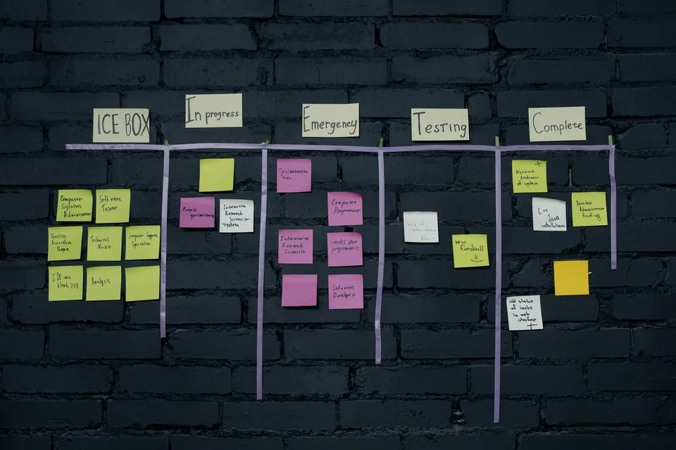 Sticky notes sorted into columns on a dark brick wall.