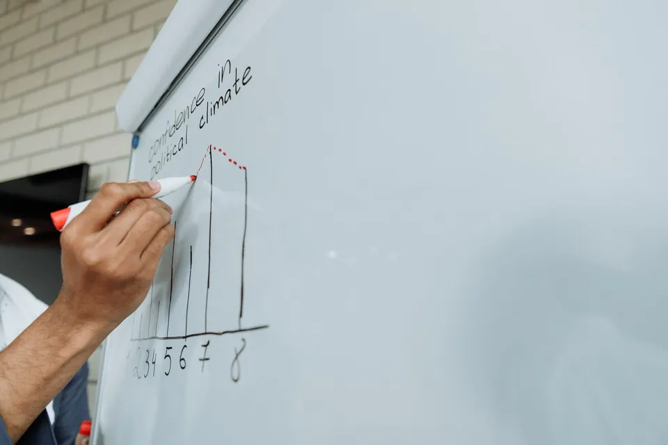 Hand drawing a bar chart with a marker on a whiteboard.