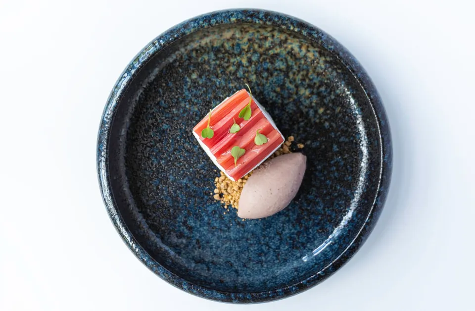 Pink layered dessert and a scoop of ice cream on a midnight-blue plate.